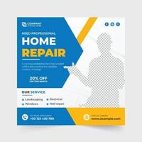 Modern house renovation service web banner vector for online marketing. Home repair business social media post design with blue and green colors. House construction service advertisement poster.