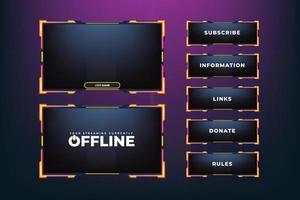 Futuristic gaming overlay template. Online gaming overlay design with buttons. Broadcast screen interface design with yellow and purple colors. Live streaming screen vector on a dark background.