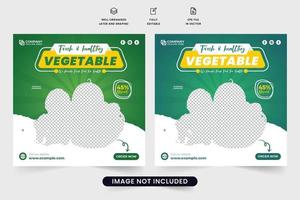 diseño de publicación de vegetales saludables en medios sociales con colores amarillo y verde. plantilla de negocio de suministro de alimentos orgánicos para marketing en redes sociales. vector de cartel promocional de venta de verduras con formas abstractas