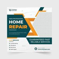 Creative home repair social media post vector with abstract shapes. Home renovation and repair business template for online marketing. House construction real estate business advertising web banner.