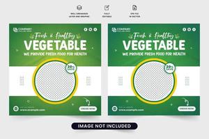 diseño creativo de plantillas de negocios vegetales con formas geométricas. banner web de descuento de menú de alimentos orgánicos para publicaciones en redes sociales. cartel promocional de vegetales saludables con colores verde y amarillo. vector