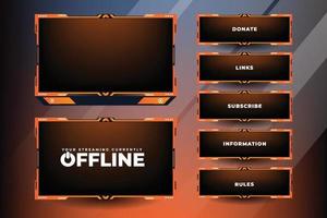 Online gaming screen border vector with orange and dark colors. Stylish streaming overlay decoration with subscribe buttons. Futuristic broadcast gaming panel design for live gamers.