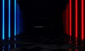 3d futuristic abstract blue and red neon light on abstract background with reflection on floor photo