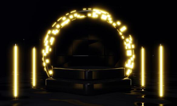 futuristic podium scene with yellow neon light on abstract background with reflection on floor. 3d render illustration background photo