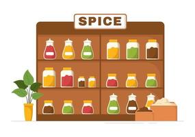 Spice Shop with Different Hot Spices, Condiment, Exotic Fresh Seasoning and Traditional Herbs in Flat Cartoon Hand Drawn Templates Illustration vector