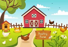 Poultry Farming with Farmer, Cage, Chicken and Egg Farm on Green Field Background View in Hand Drawn Cute Cartoon Template Illustration vector