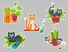 Cats and potted flowers. Collection of stickers. Vector illustration