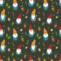 Garden gnomes and garden tools. Seamless pattern, vector illustration