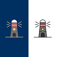 Lighthouse Building Navigation House  Icons Flat and Line Filled Icon Set Vector Blue Background