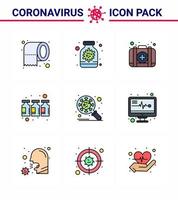 Coronavirus Prevention Set Icons 9 Filled Line Flat Color icon such as corona vaccine emergency medicine bottle viral coronavirus 2019nov disease Vector Design Elements