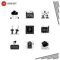 Pack of 9 creative Solid Glyphs of vehicles sport plan sabre heart love Editable Vector Design Elements