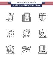 paquete de 9 líneas modernas en el día de la independencia de EE. UU. Guirnalda de comida escudo empavesados de fiesta elementos de diseño vectorial del día de EE. UU. editables vector