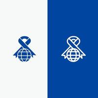 cuidado cinta globo línea mundial y glifo icono sólido bandera azul vector