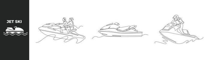 Single one line drawing Riding Jet Ski set concept. Sport couple riding jet ski and Jet Ski Icon. Continuous line draw design graphic vector illustration.