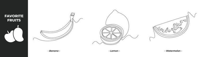 Single one line drawing Fruits set concept. Banana, Lemon and Water melon. Continuous line draw design graphic vector illustration.