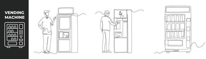 concepto de conjunto de máquina expendedora de dibujo continuo de una línea. el hombre de negocios usa una máquina expendedora para comprar alimentos y bebidas. Máquinas automáticas de dosificación. ilustración gráfica vectorial de diseño de dibujo de una sola línea. vector