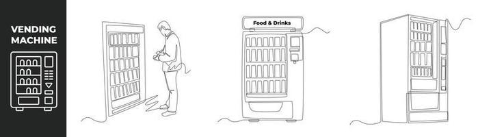 Continuous one line drawing vending machine set concept. Businessman use vending machine for buying food and drinks. Automatic machines dispensing. Single line draw design vector graphic illustration.