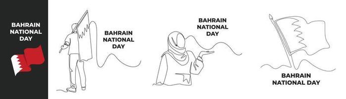 Single one line drawing Bahrain national day set concept. Happy man and woman celebrating Bahrain national day and flag of Bahrain. Continuous line draw design graphic vector illustration.