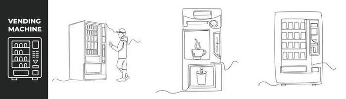 concepto de conjunto de máquina expendedora de dibujo continuo de una línea. el niño inteligente usa una máquina expendedora para comprar alimentos y bebidas. Máquinas automáticas de dosificación. ilustración gráfica vectorial de diseño de dibujo de una sola línea. vector