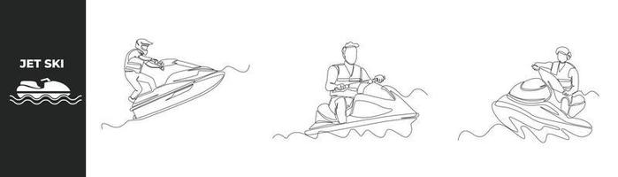 Single one line drawing Riding Jet Ski set concept. Sportsman riding and jumping jet ski on sea water . Continuous line draw design graphic vector illustration.