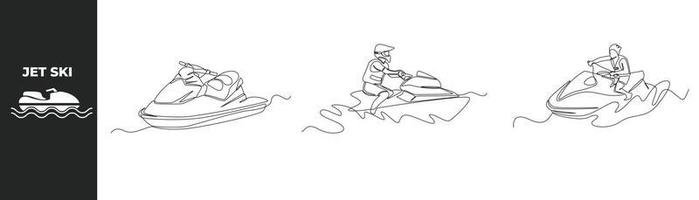 Single one line drawing Riding Jet Ski set concept. young man sport in a helmet and life jacket on a jet ski and Jet Ski Icon. Continuous line draw design graphic vector illustration.