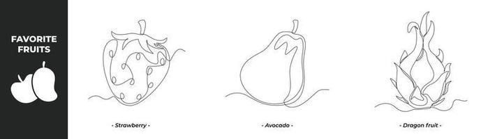 Single one line drawing Fruits set concept. Strawberry, Avocado and Dragon Fruit. Continuous line draw design graphic vector illustration.