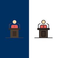 Speaker Person Presentation Professional Public Seminar Speech  Icons Flat and Line Filled Icon Set Vector Blue Background