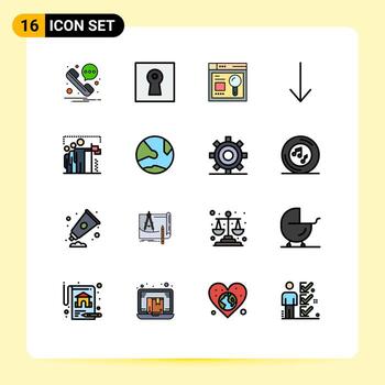 conjunto moderno de 16 líneas llenas de color plano pictograma de posición ganar equipo web abajo elementos de diseño de vectores creativos editables