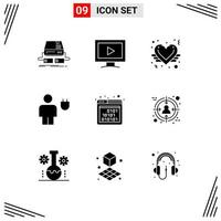 Group of 9 Modern Solid Glyphs Set for power energy play body love Editable Vector Design Elements