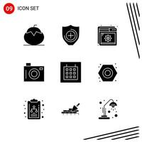 colección de 9 iconos vectoriales en estilo sólido símbolos de glifo perfecto de píxel para web y móvil signos de icono sólido sobre fondo blanco 9 iconos fondo de vector de icono negro creativo