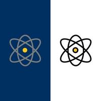 átomo educación física ciencia iconos plano y línea llena conjunto de iconos vector fondo azul