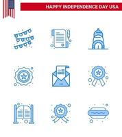 4th July USA Happy Independence Day Icon Symbols Group of 9 Modern Blues of mail greeting usa envelope flag Editable USA Day Vector Design Elements