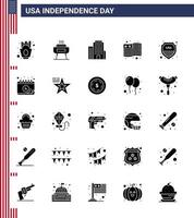 Modern Set of 25 Solid Glyph and symbols on USA Independence Day such as usa shield building security flag Editable USA Day Vector Design Elements