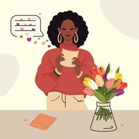 African girl received flower delivery, reads romantic message. Young black woman holding letter of wishes. Bouquet of tulips in vase. Love, birthday, concept, Valentine's Day. Vector illustration