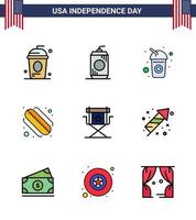 4th July USA Happy Independence Day Icon Symbols Group of 9 Modern Flat Filled Lines of director states usa hotdog soda Editable USA Day Vector Design Elements