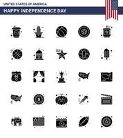 Happy Independence Day USA Pack of 25 Creative Solid Glyph of drink medal football independence day holiday Editable USA Day Vector Design Elements