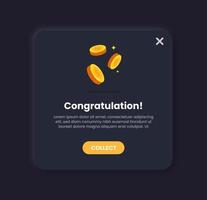 Reward pop up illustration in dark neomorphic design style. User interface element. vector