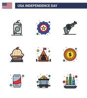 4th July USA Happy Independence Day Icon Symbols Group of 9 Modern Flat Filled Lines of camp sweet gun muffin cake Editable USA Day Vector Design Elements