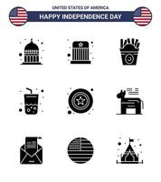 Pack of 9 USA Independence Day Celebration Solid Glyphs Signs and 4th July Symbols such as police cola frise summer glass Editable USA Day Vector Design Elements