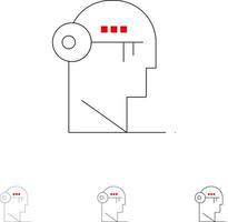 cerebro llave bloqueo mente desbloquear audaz y delgada línea negra conjunto de iconos vector