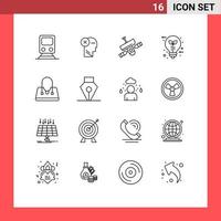 Pack of 16 Modern Outlines Signs and Symbols for Web Print Media such as bulb space human radar satellite Editable Vector Design Elements