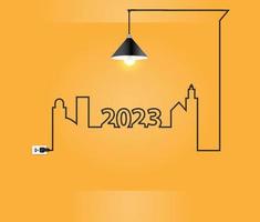 Happy new year 2023 interior design with creative wire light bulb idea concept in wall room, Vector illustration modern layout template design