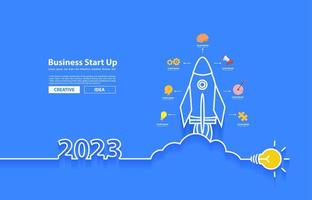 Startup business 2023 new year rocket launch with creative light bulb ideas concept design, Vector illustration flat modern layout template