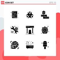 Modern Set of 9 Solid Glyphs Pictograph of gear setting health service school Editable Vector Design Elements