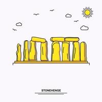 fondo de ilustración amarilla de viaje mundial de plantilla de póster de monumento de stonehenge en estilo de línea con escena de naturaleza hermosa vector