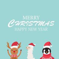 prinmerry navidad y feliz año nuevo con lindos renos, llamas y pingüinos vector de personajes de dibujos animados.