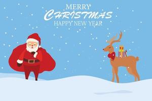 feliz navidad y feliz año nuevo con lindo santa claus y, ciervo, vector de personaje de dibujos animados.
