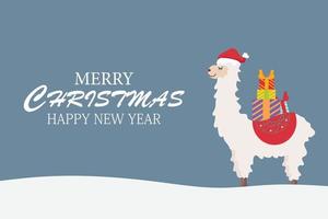 feliz navidad y feliz año nuevo con lindo vector de personaje de dibujos animados de llama.