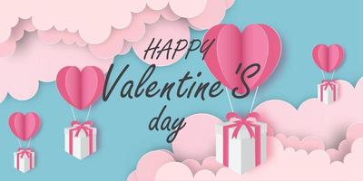 Happy Valentine's Day Gift boxes with heart balloon floating in cloud .banner,wallpaper, Poster, ,paper cut style. Vector illustration.