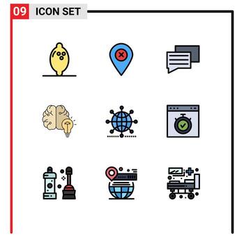 conjunto de pictogramas de 9 colores planos de línea rellena simple de elementos de diseño de vector editables de cerebro de bulbo de educación de globo de red